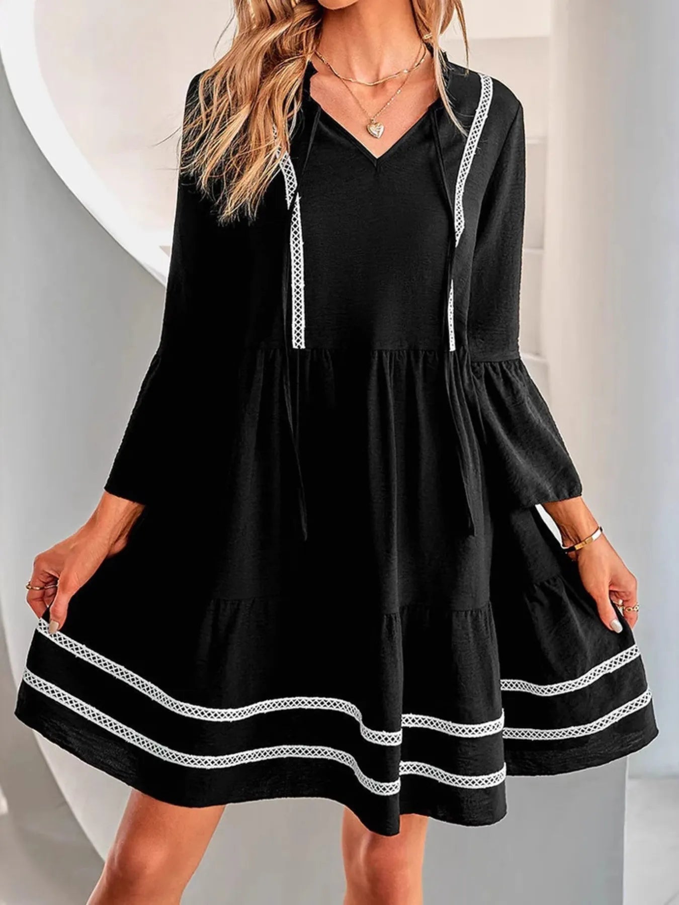 Tie-Neck Long Sleeve Mini Dress with Trim Detail The Purple Lily Tie-Neck Long Sleeve Mini Dress with Trim Detail The Purple Lily