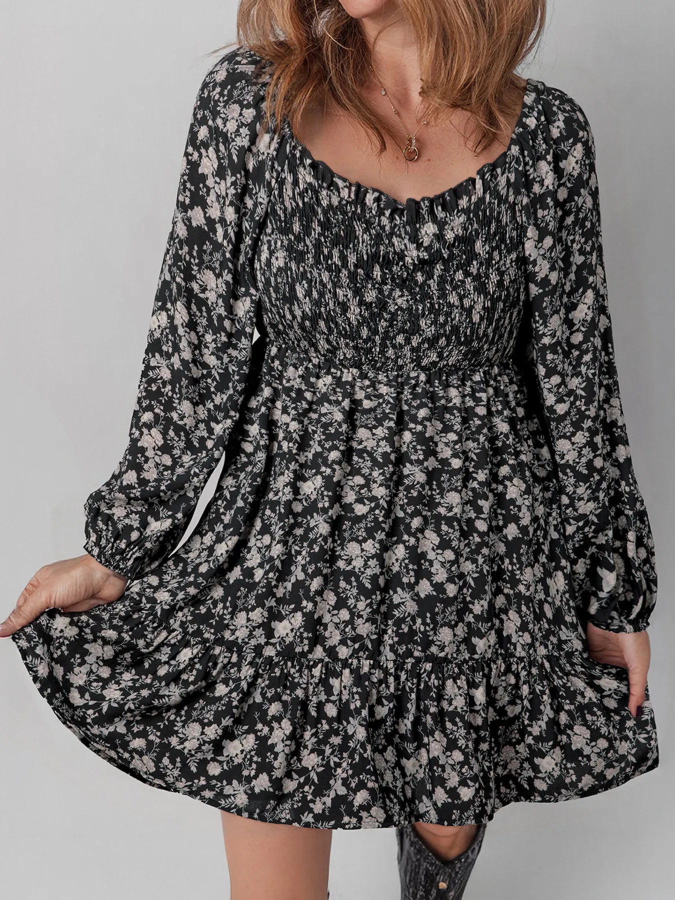 Floral Long Sleeve Frilly Shirred Mini Dress – The Purple Lily