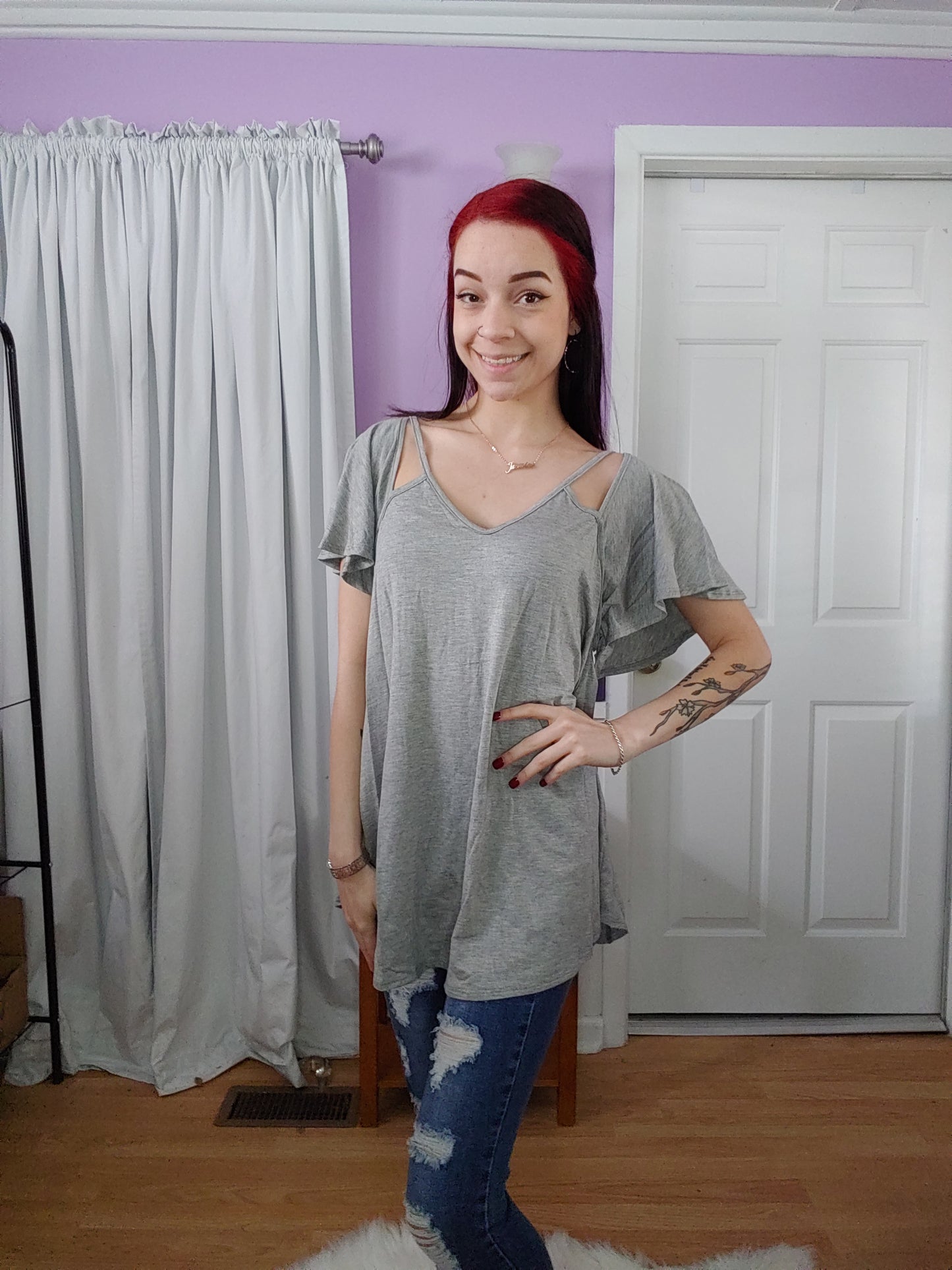 Heather Grey Flutter Sleeve Top