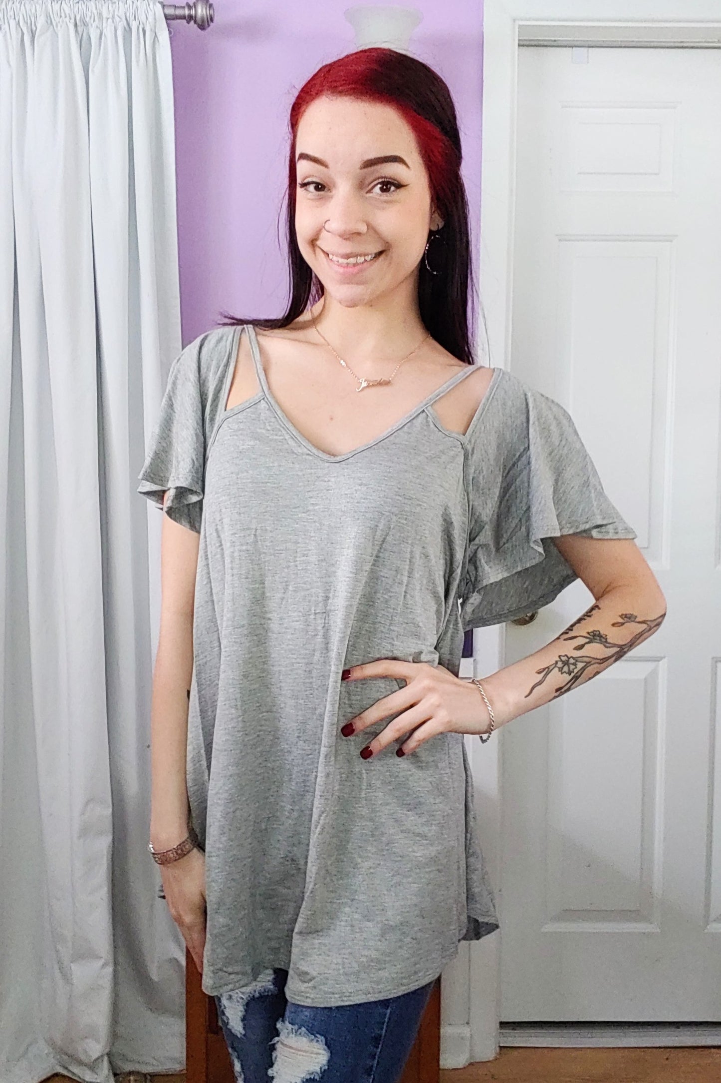 Heather Grey Flutter Sleeve Top