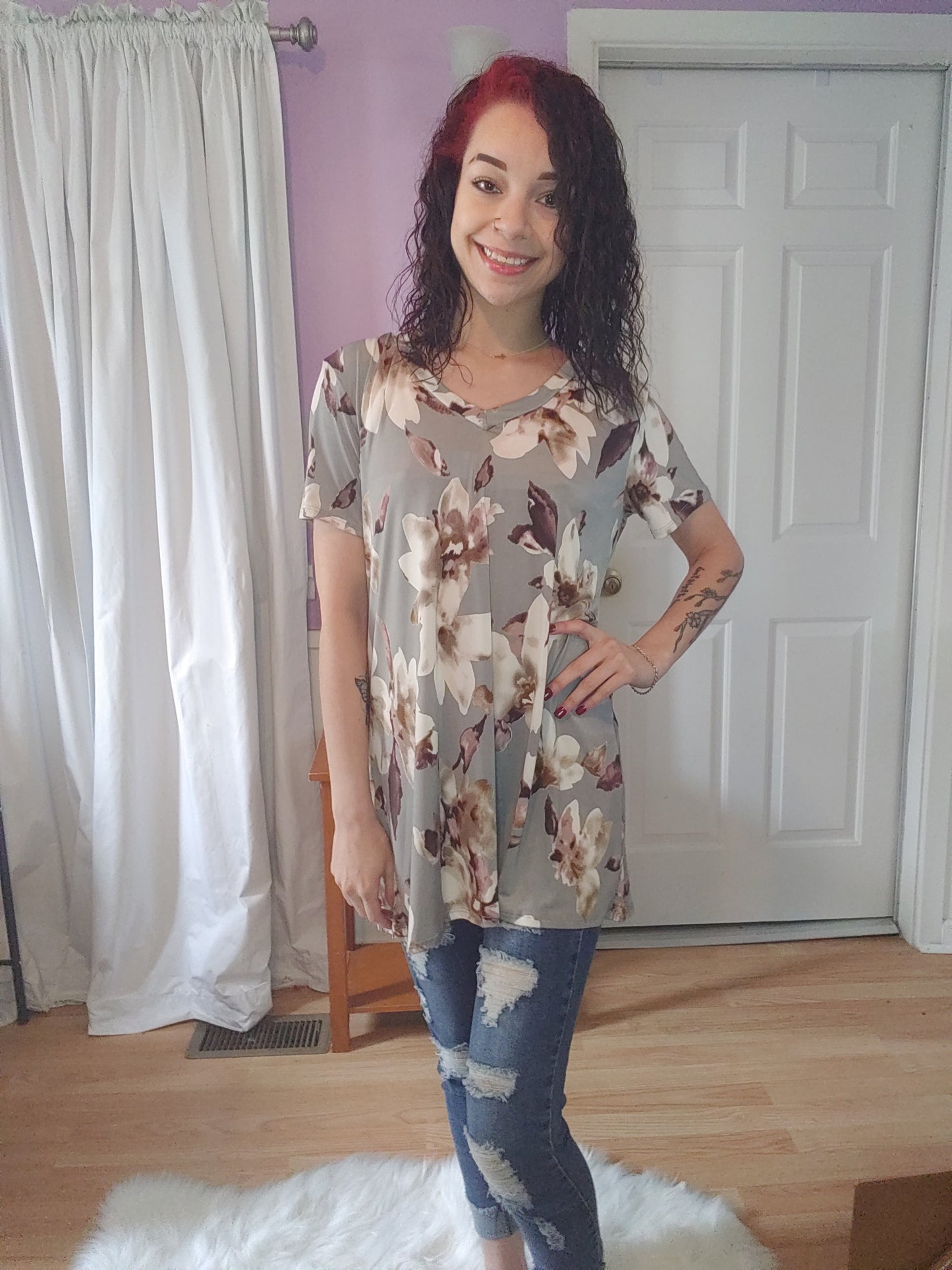 Silver Floral V-neck Top