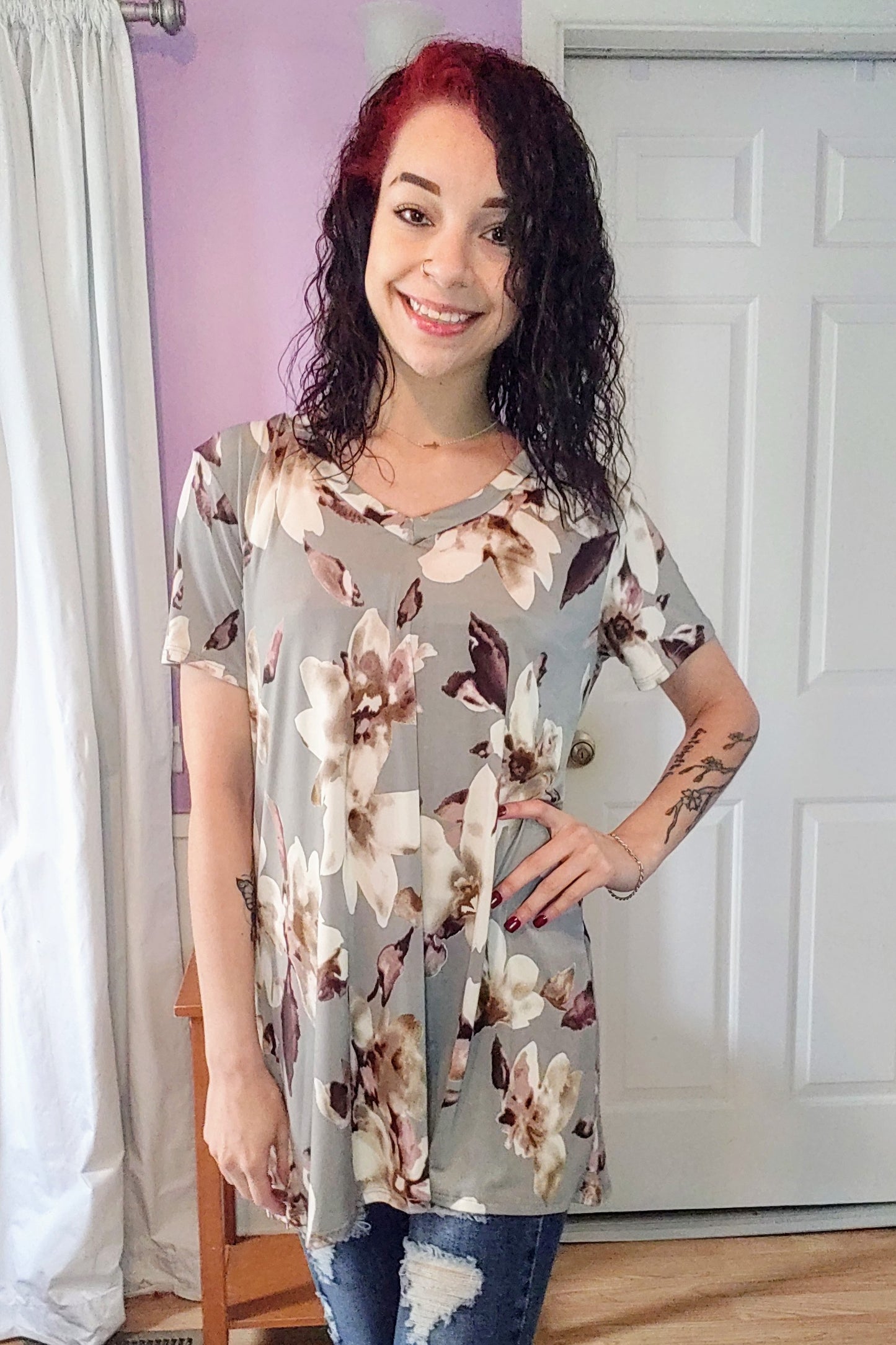 Silver Floral V-neck Top