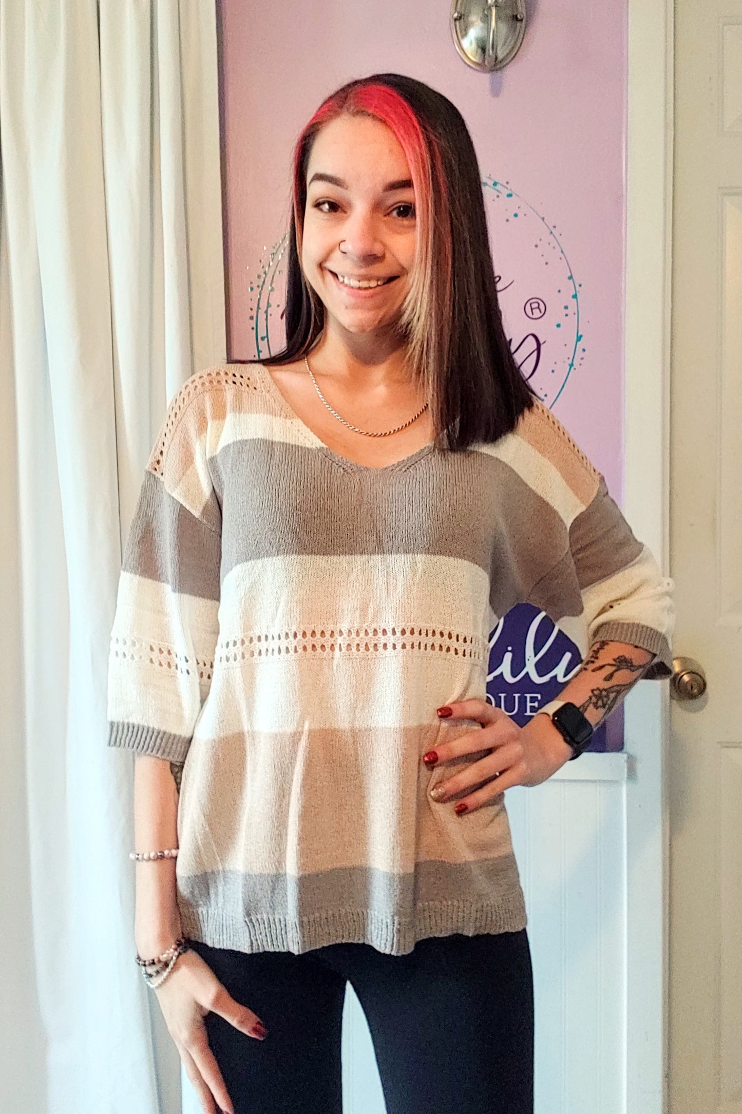 Striped Grey 3/4 Sleeve Dolman (S-XL)