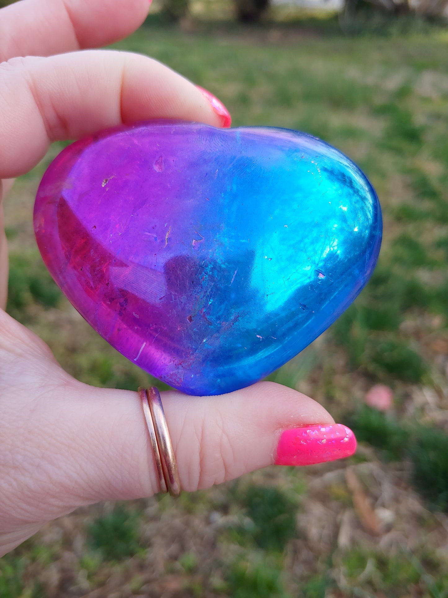 2 Color Aura Clear Quartz Heart