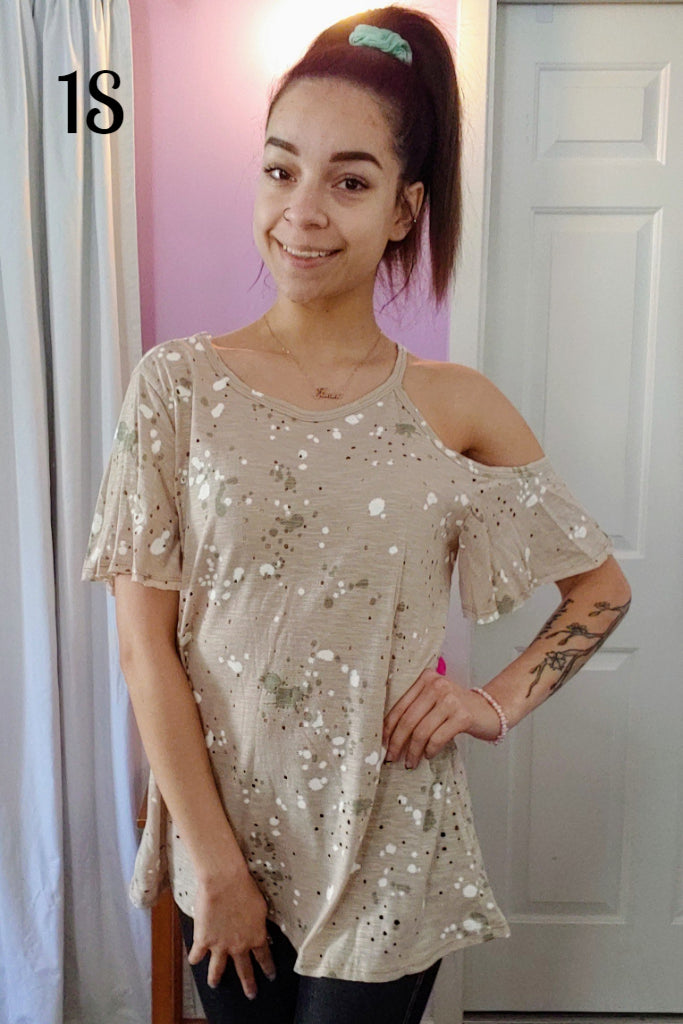 Taupe Splatter Cold Shoulder Top