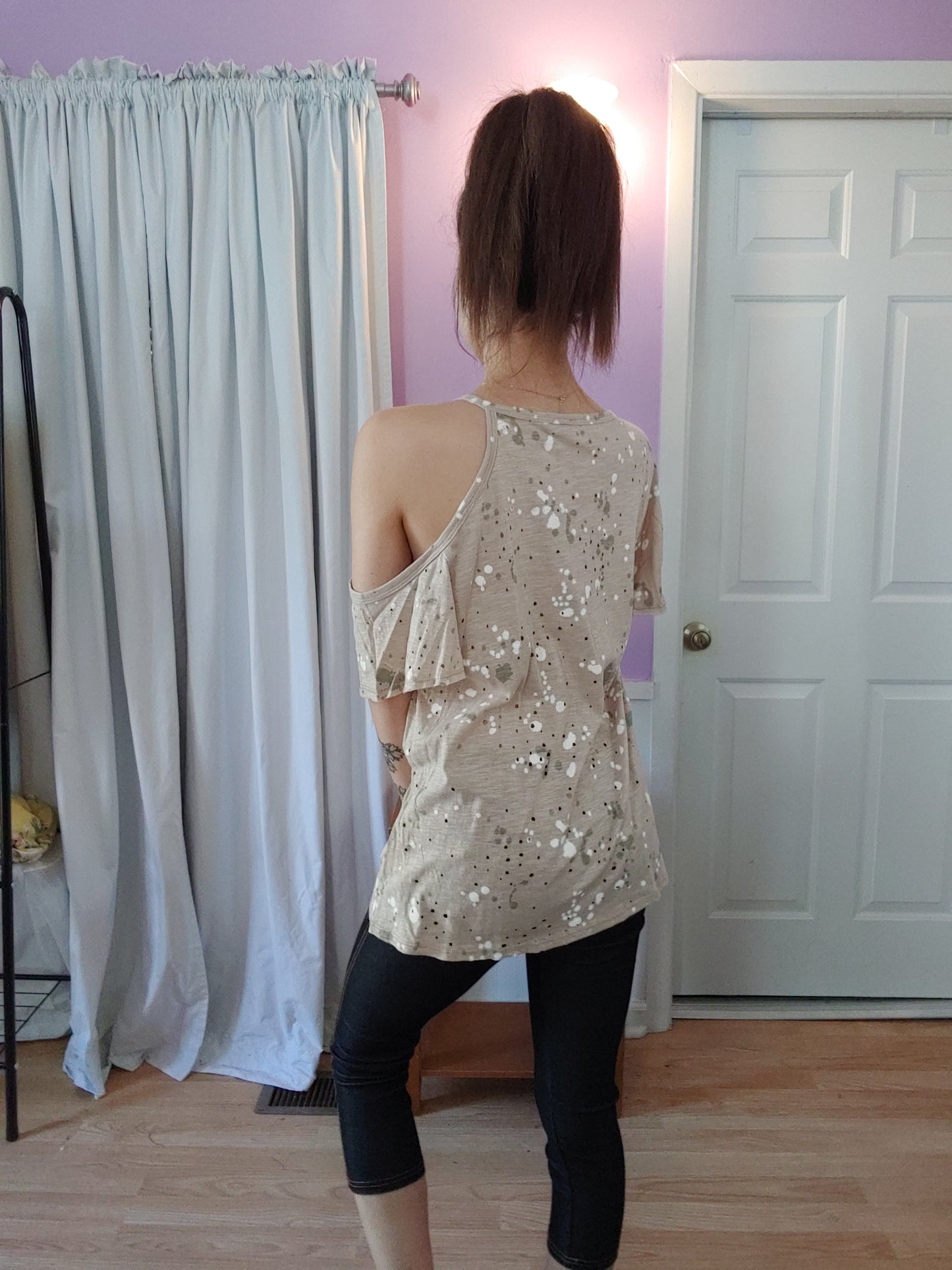 Taupe Splatter Cold Shoulder Top