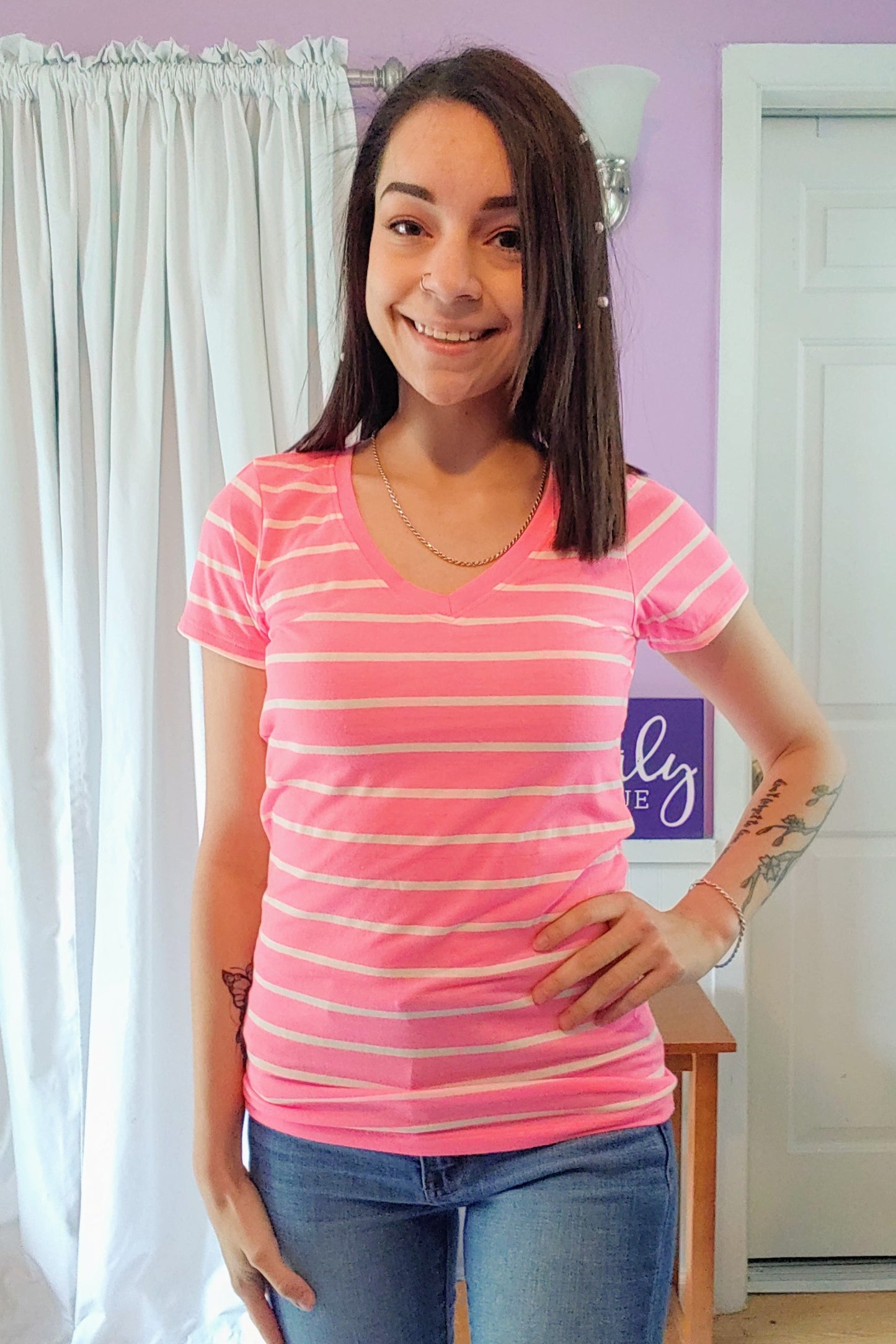 Wishful Tee in Striped Neon Light Pink