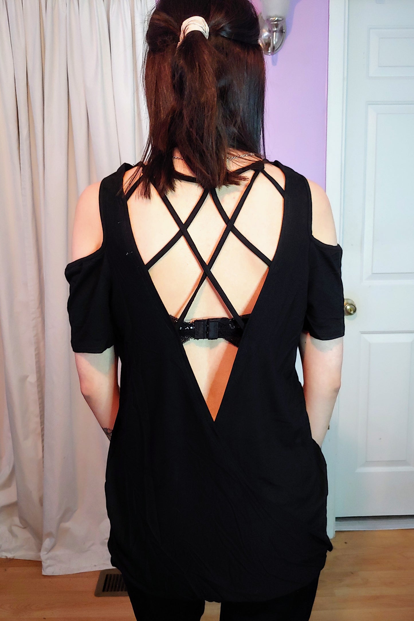 Black Open Back Cold Shoulder Top