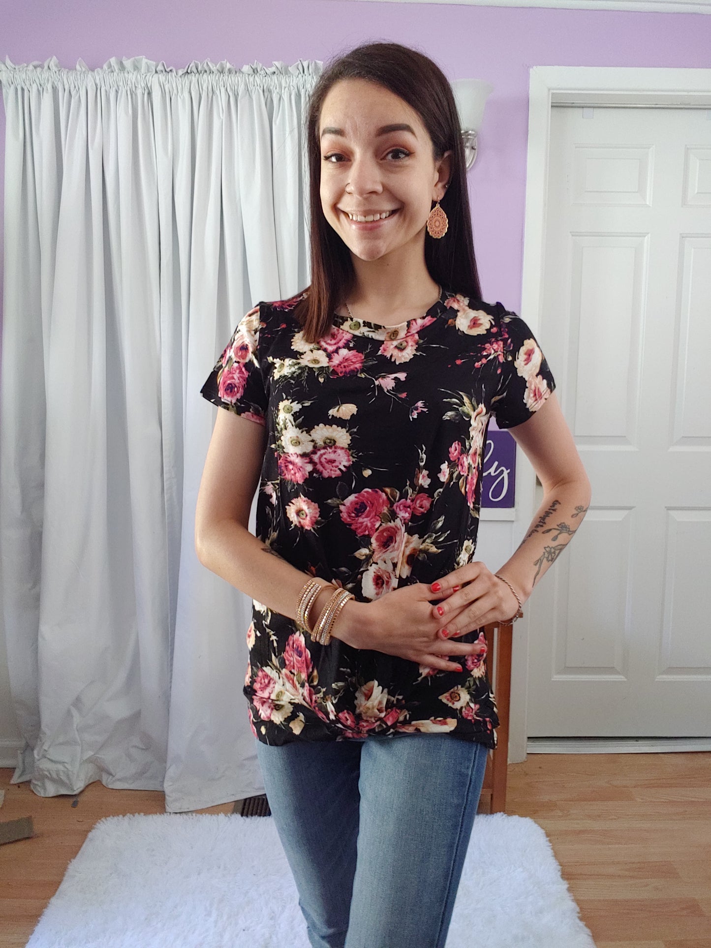 Black Floral Twist Top