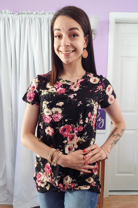 Black Floral Twist Top