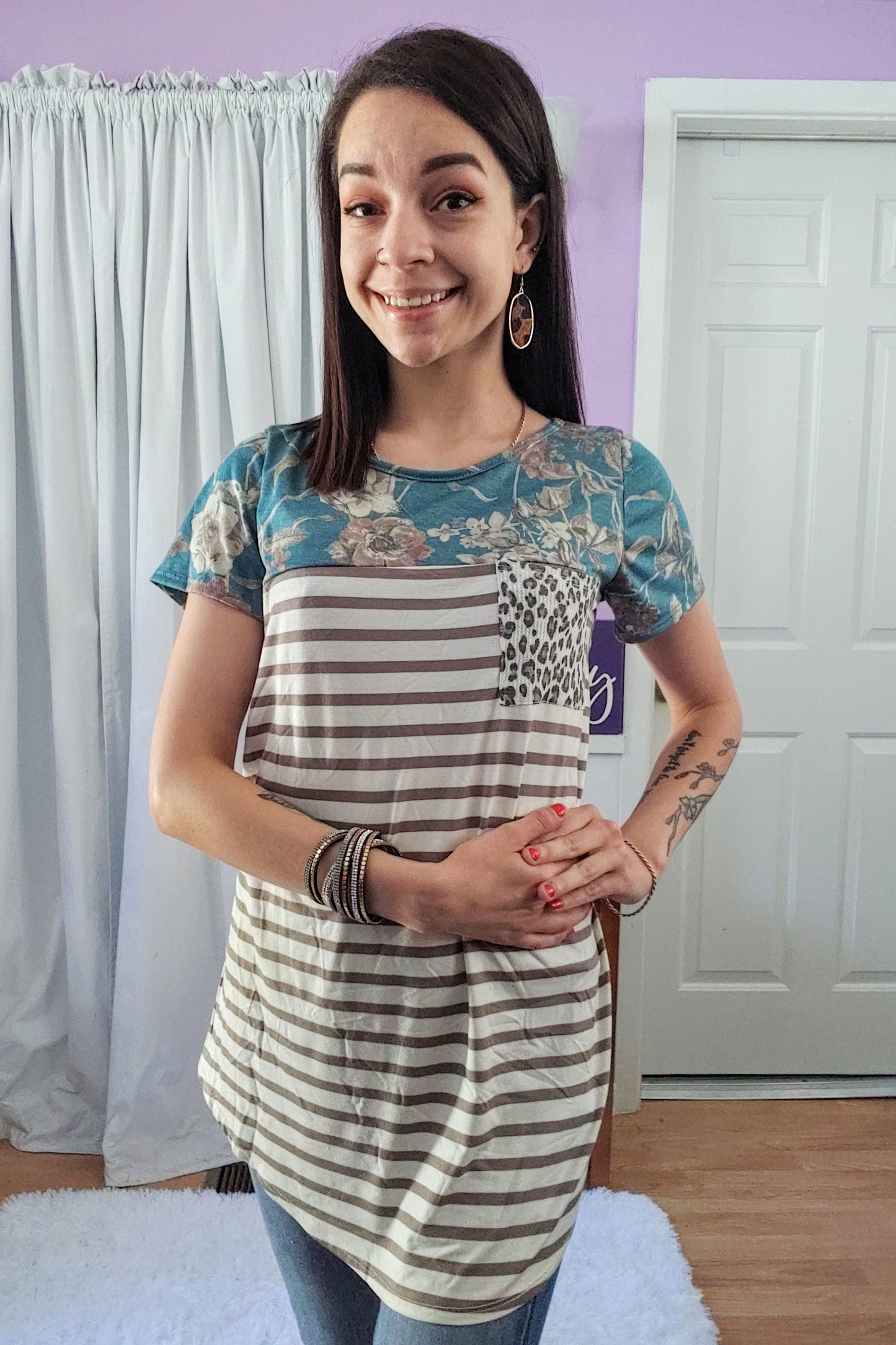 Teal Floral Striped Top