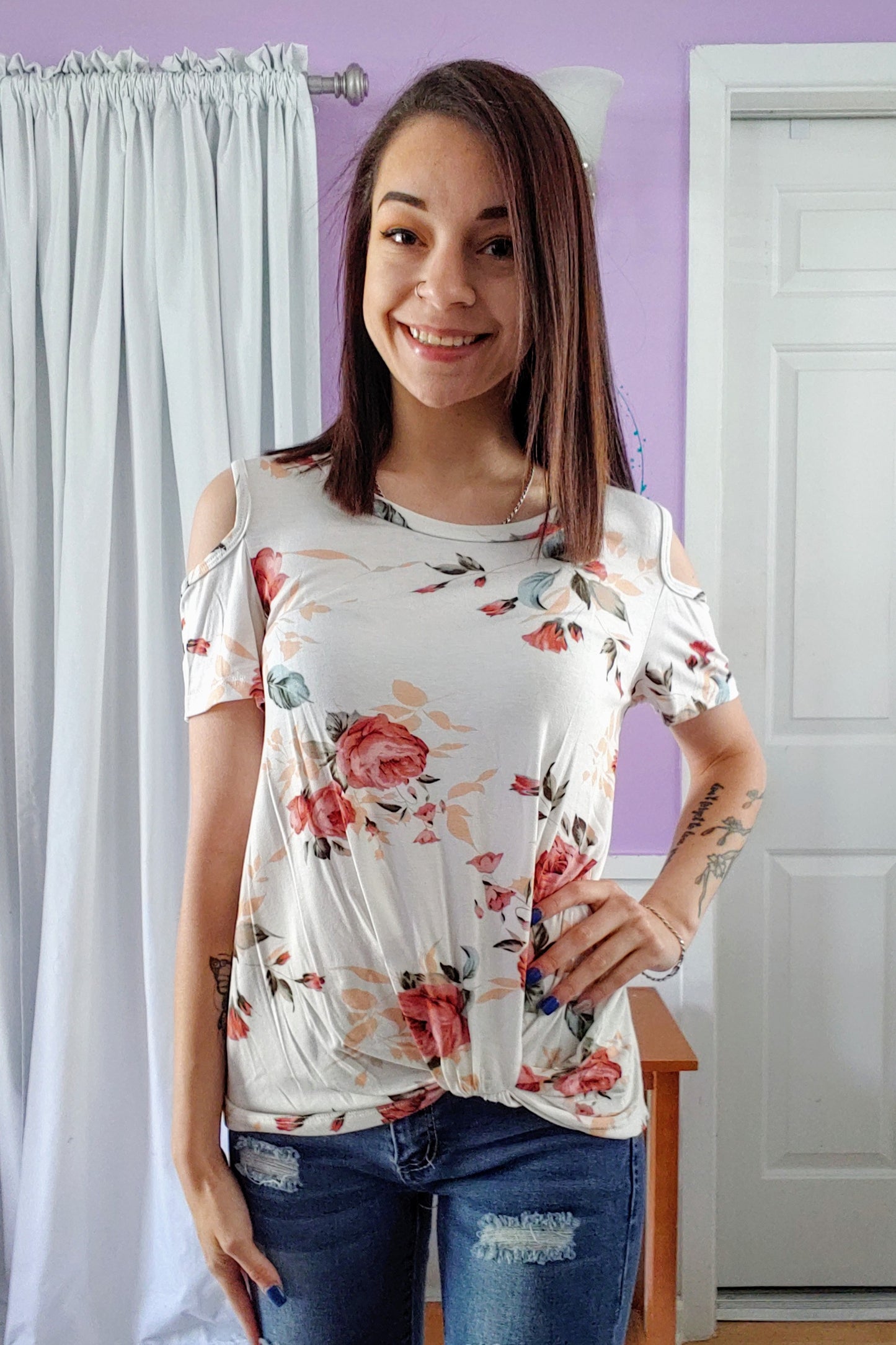 Flirty Floral Cold Shoulder Top