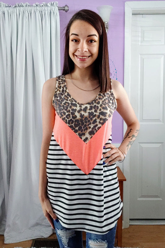 Chevron Leopard Coral Colorblock Tank (S-XL)