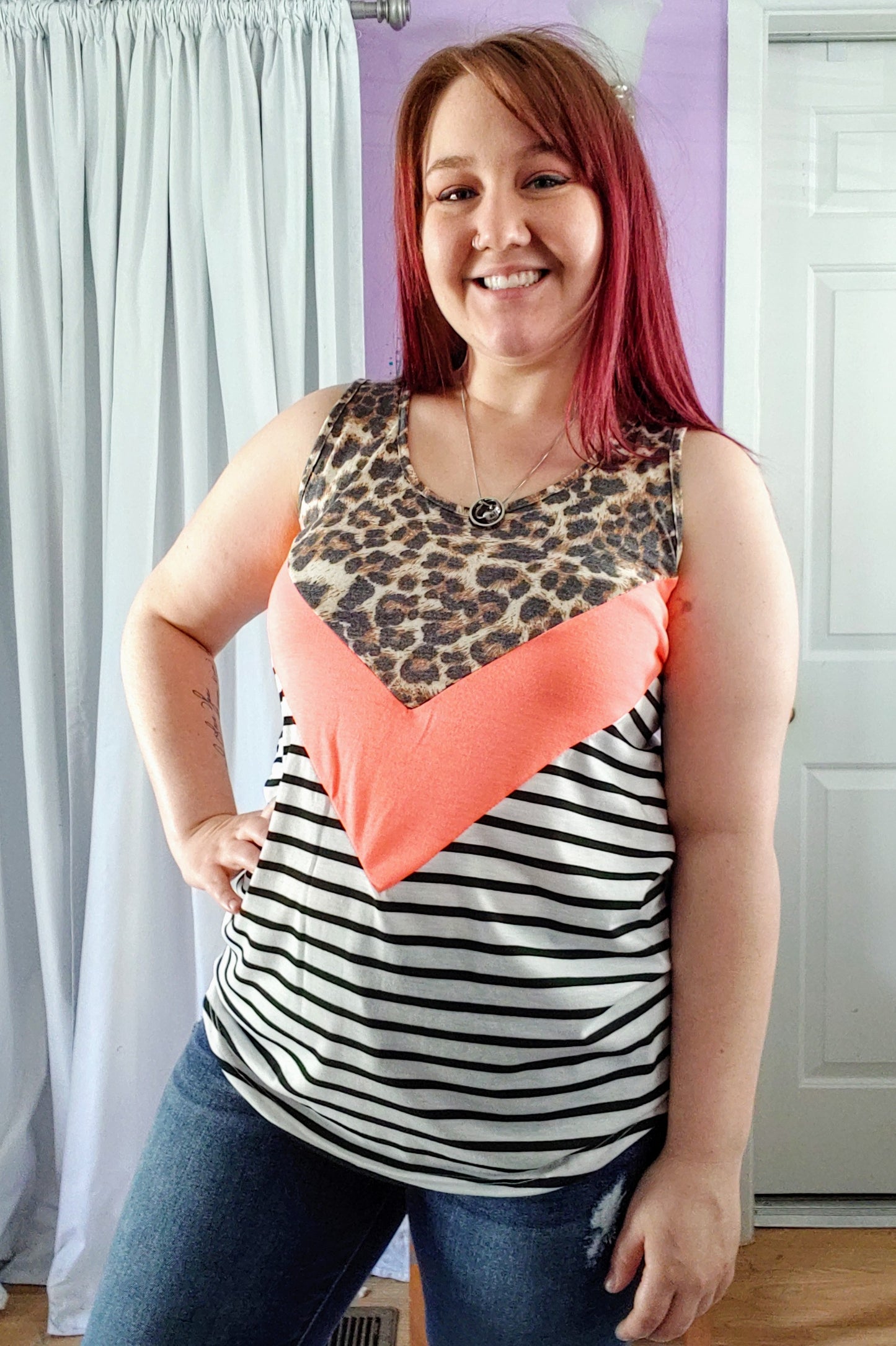 Chevron Leopard Coral Colorblock Tank (S-XL)