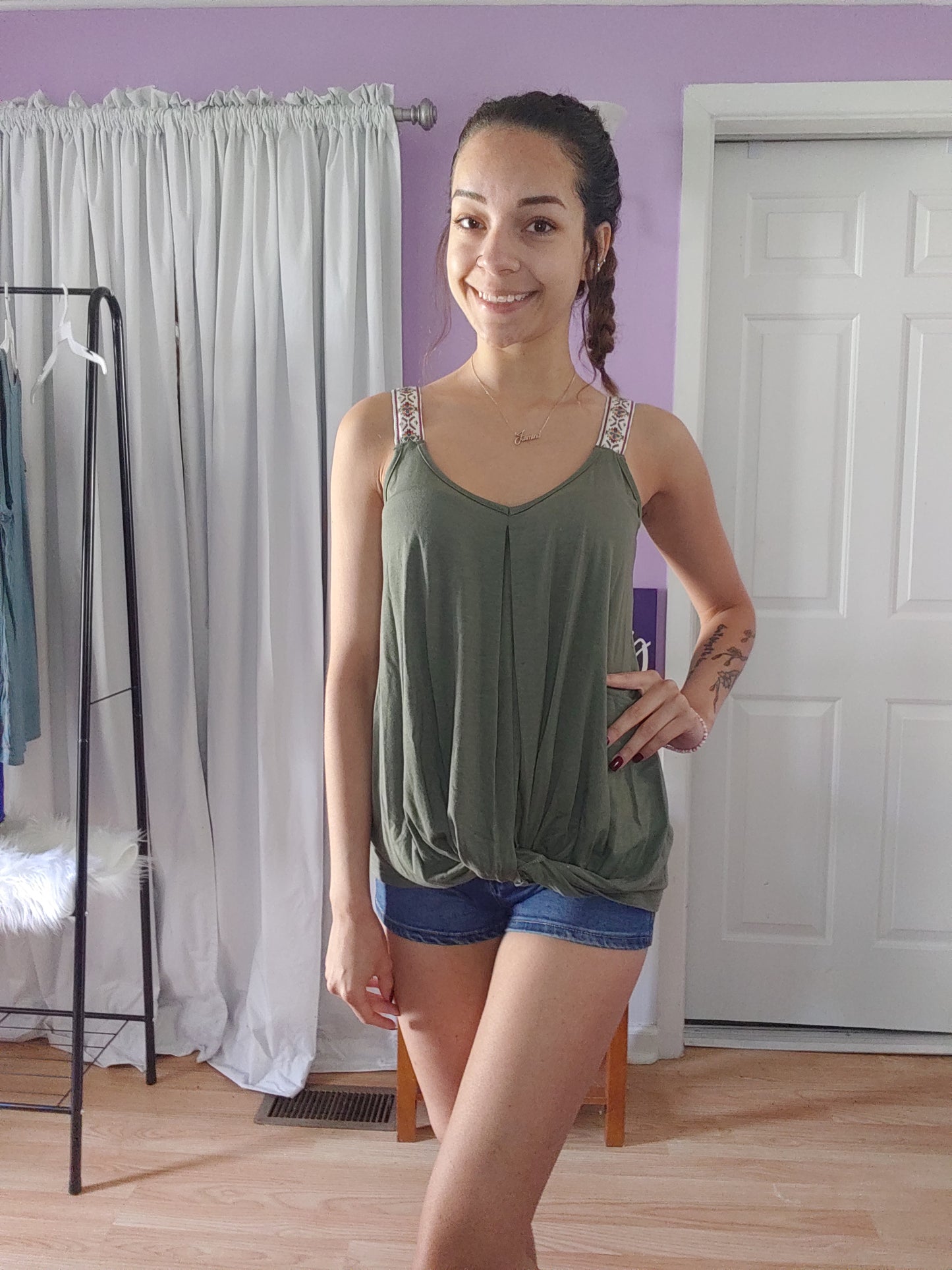 Aztec Strap Twist Tank in Olive