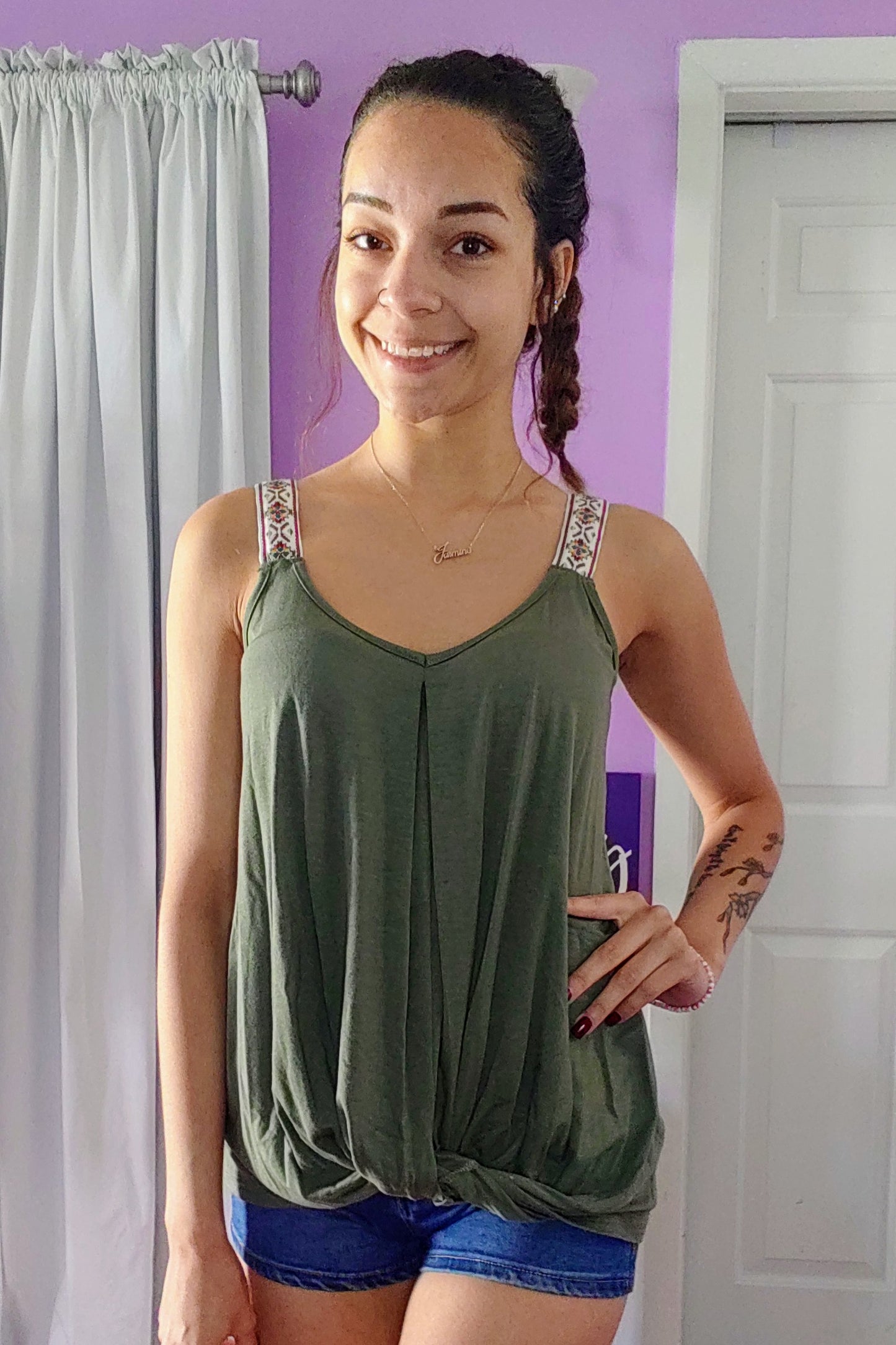 Aztec Strap Twist Tank in Olive