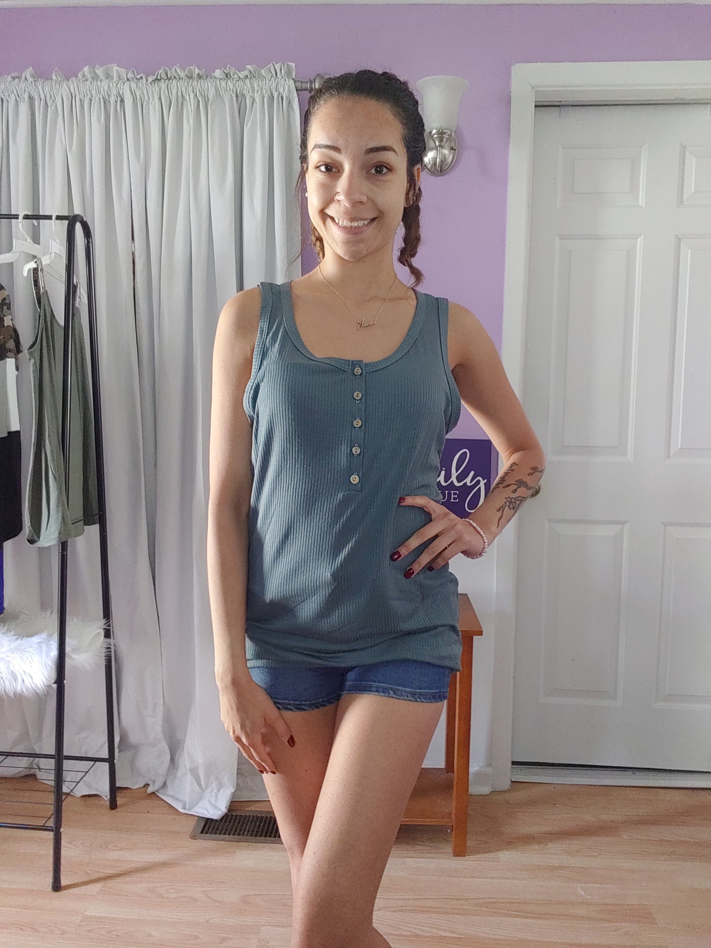 Dusty Teal Button Tank