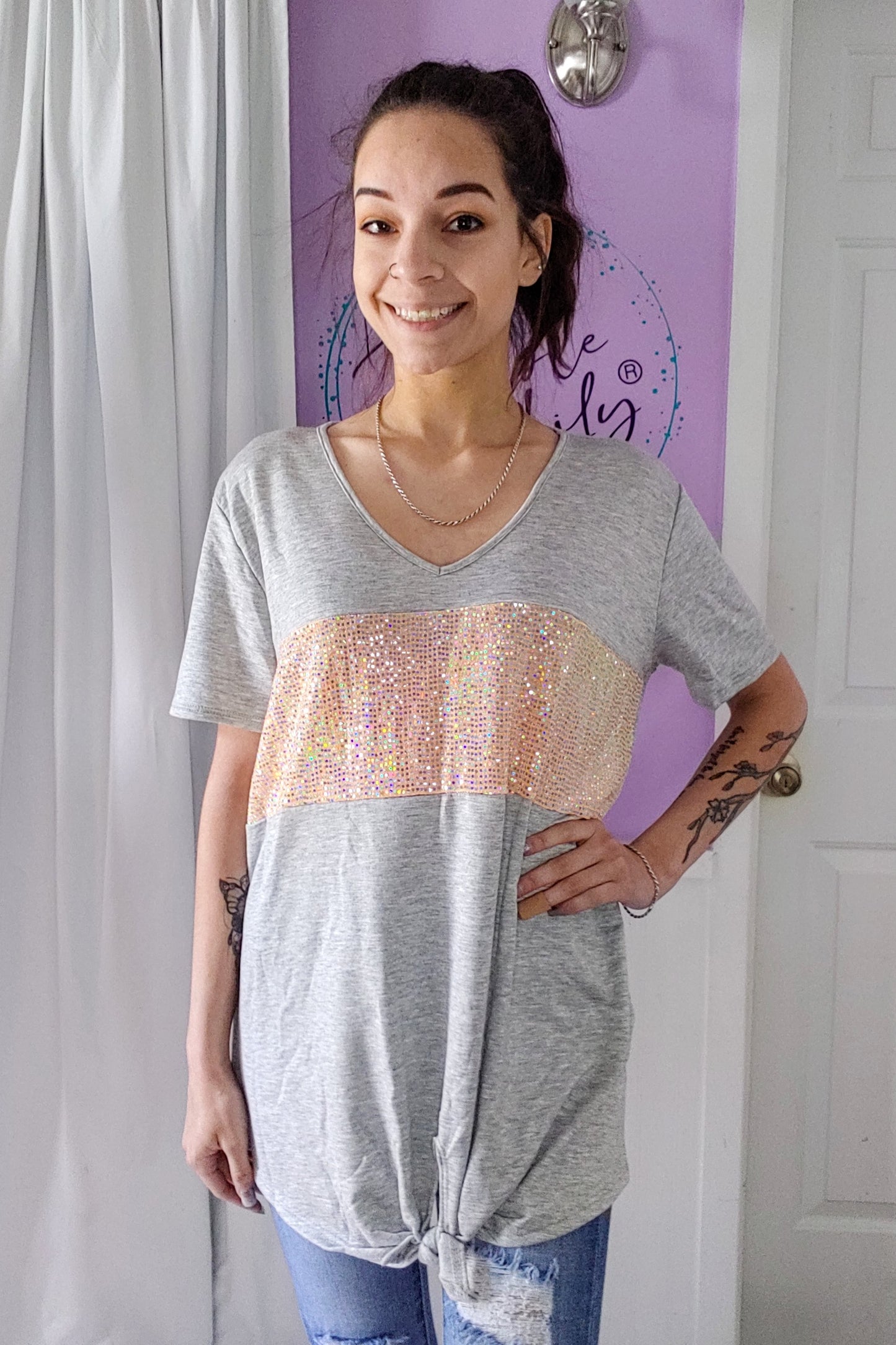 Grey Sequin Tie Top