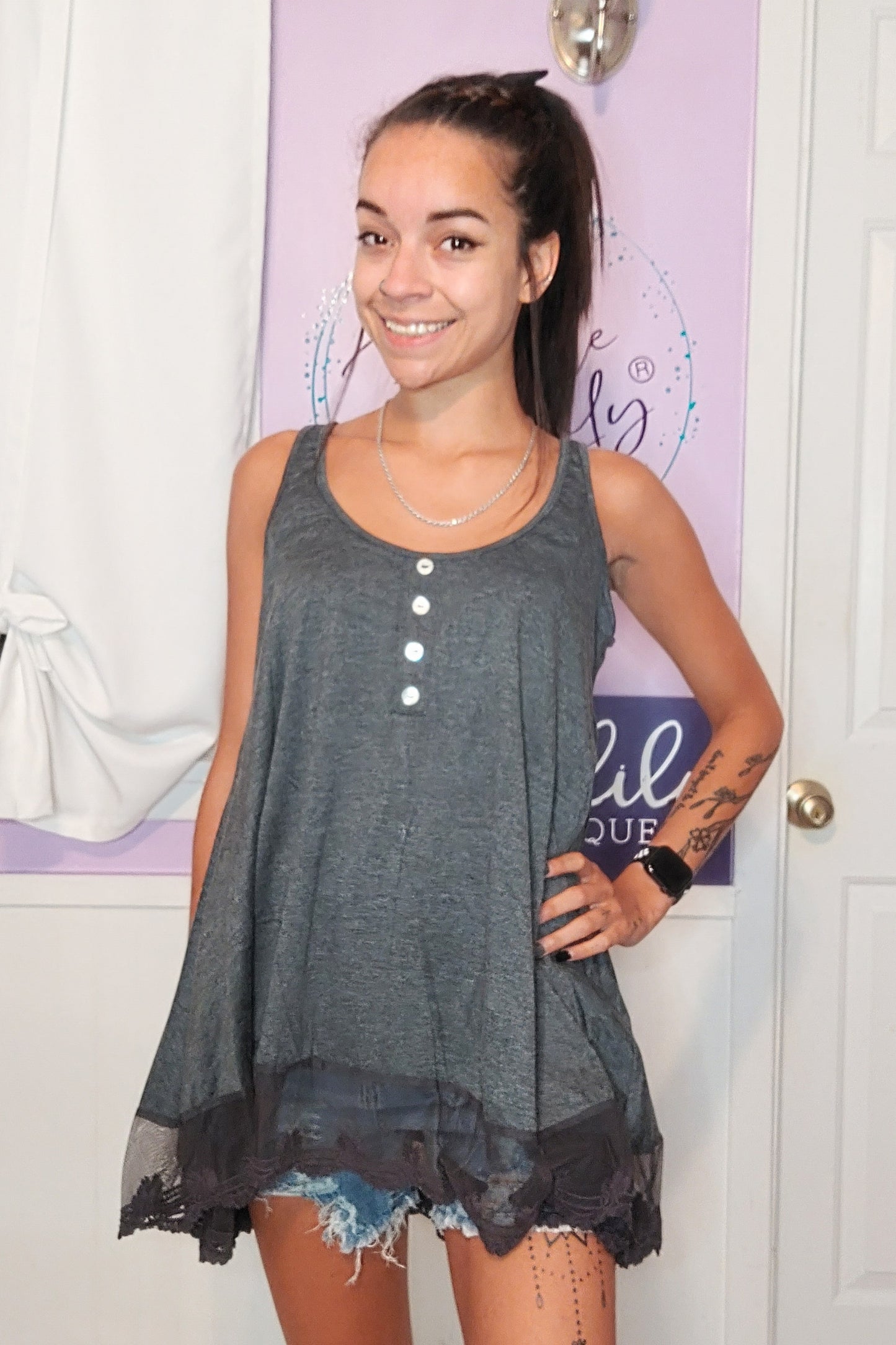 Charcoal Lace Flowy Tank (S-XL)