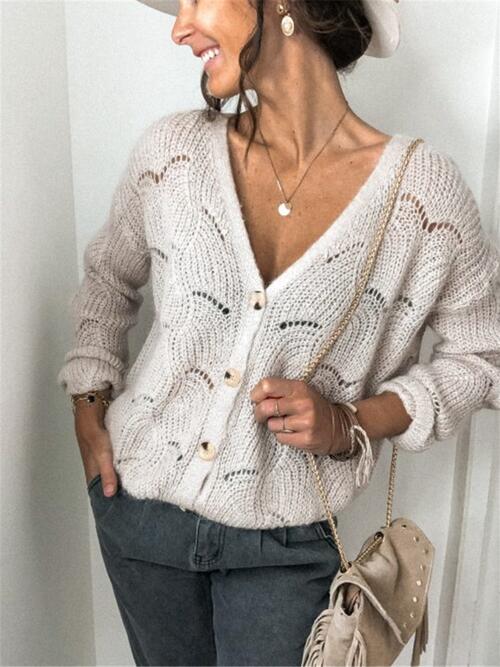 Openwork Button Up Long Sleeve Cardigan 3 colors