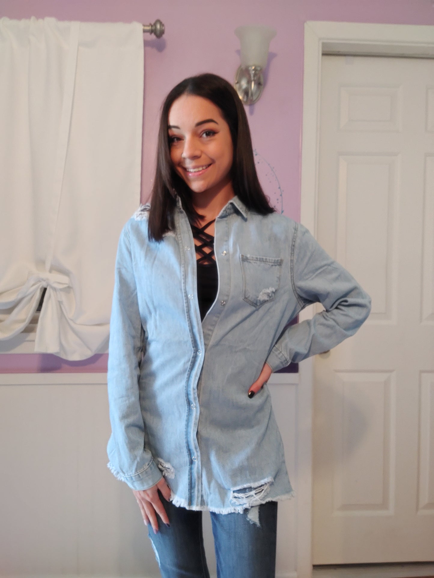 Denim Distressed Button Up Top