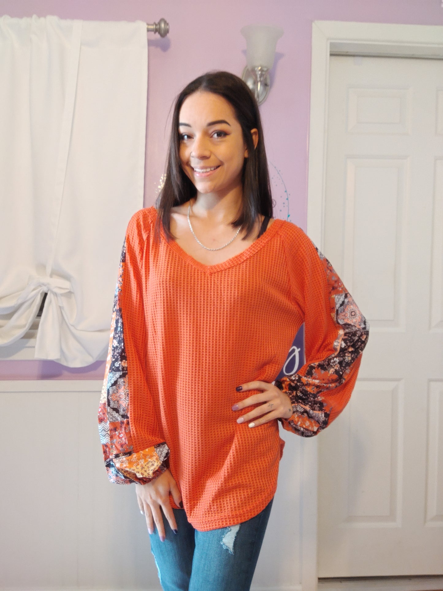 Orange Mixed Bishop Sleeve Top (S-XL)