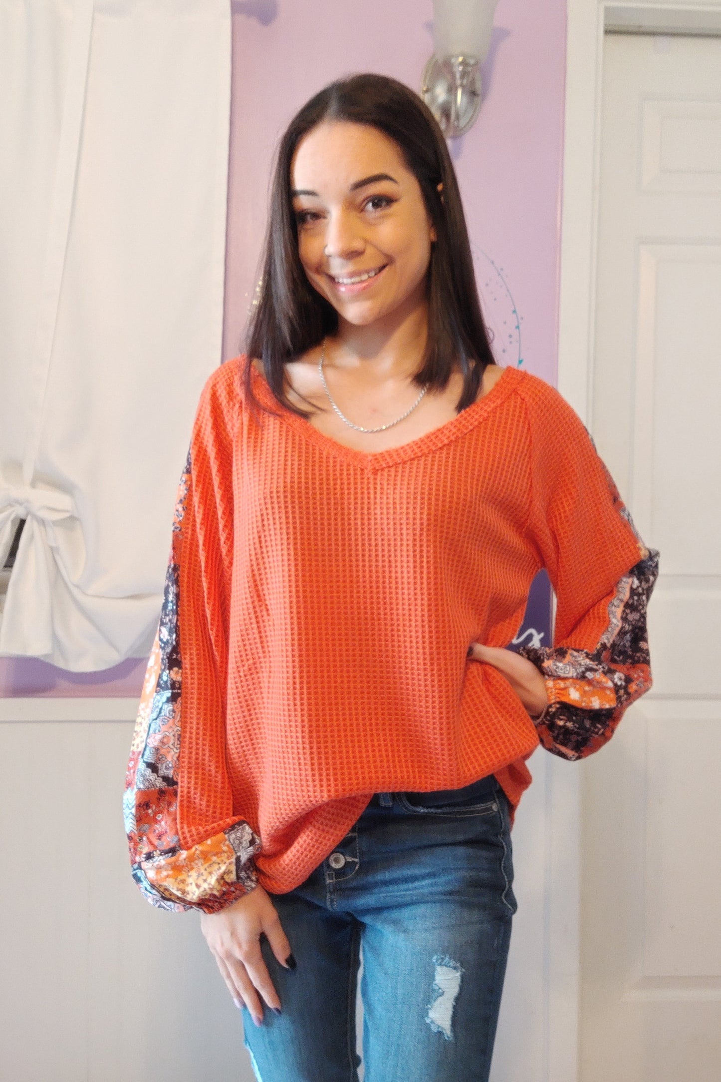 Orange Mixed Bishop Sleeve Top (S-XL)
