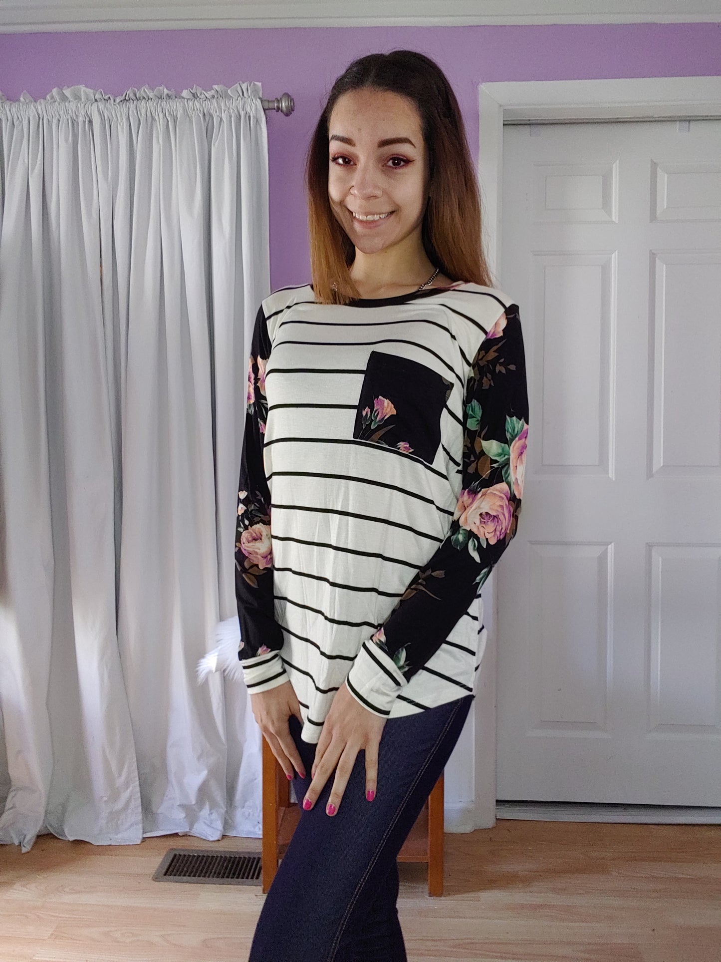 Black Striped Floral Sleeve Top (S-XL)