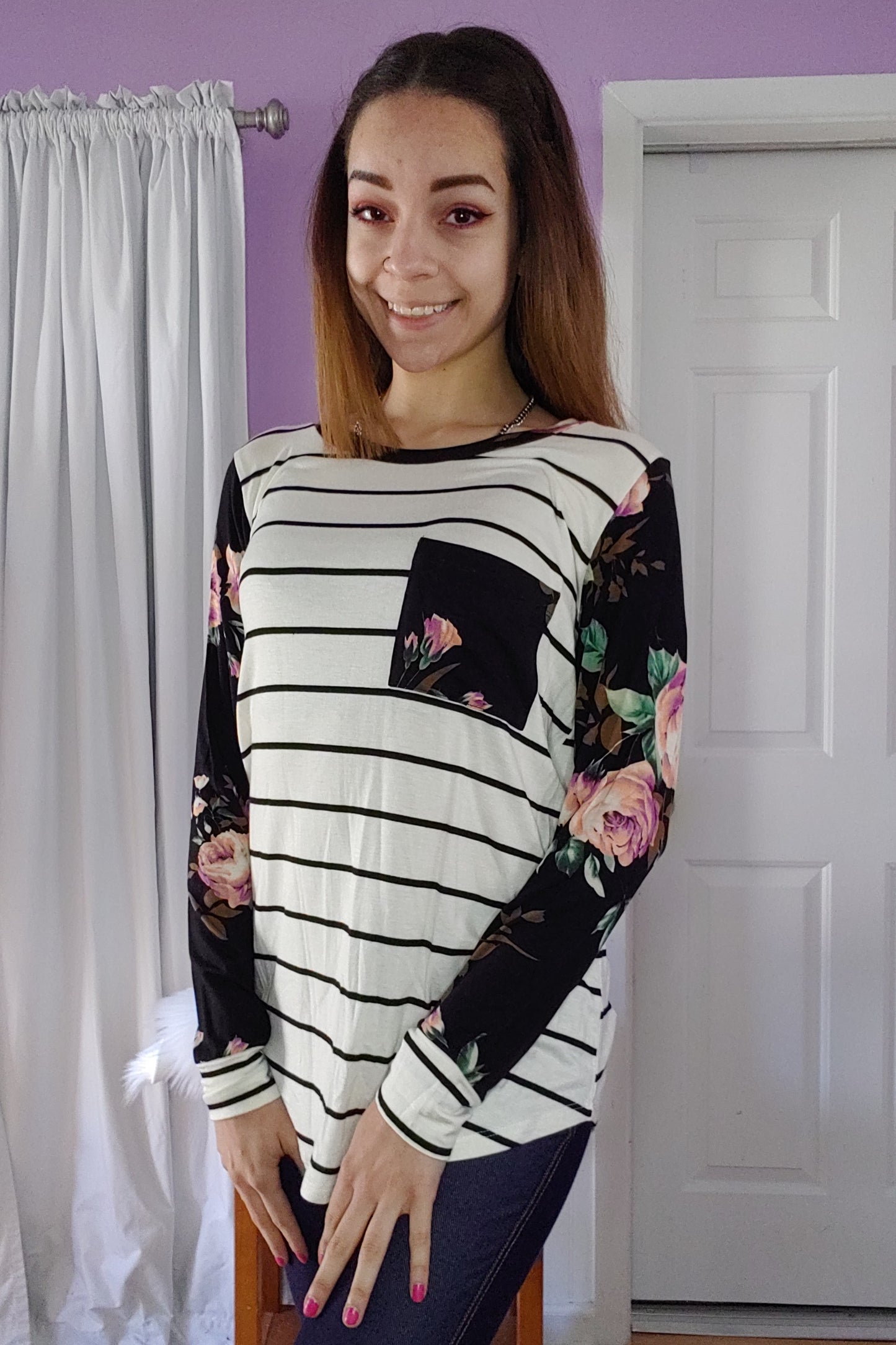 Black Striped Floral Sleeve Top (S-XL)