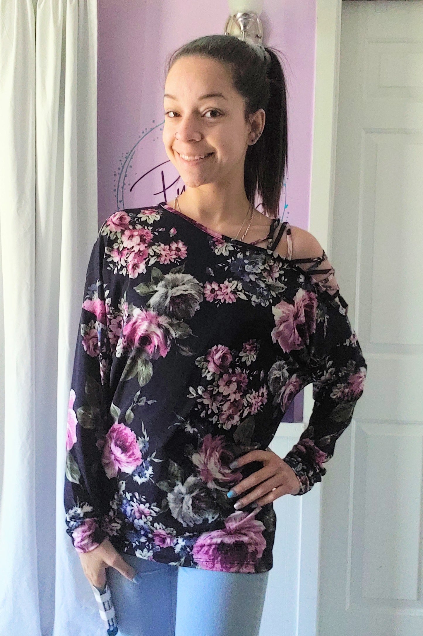 Floral Cold Shoulder Dolman (S-XL)