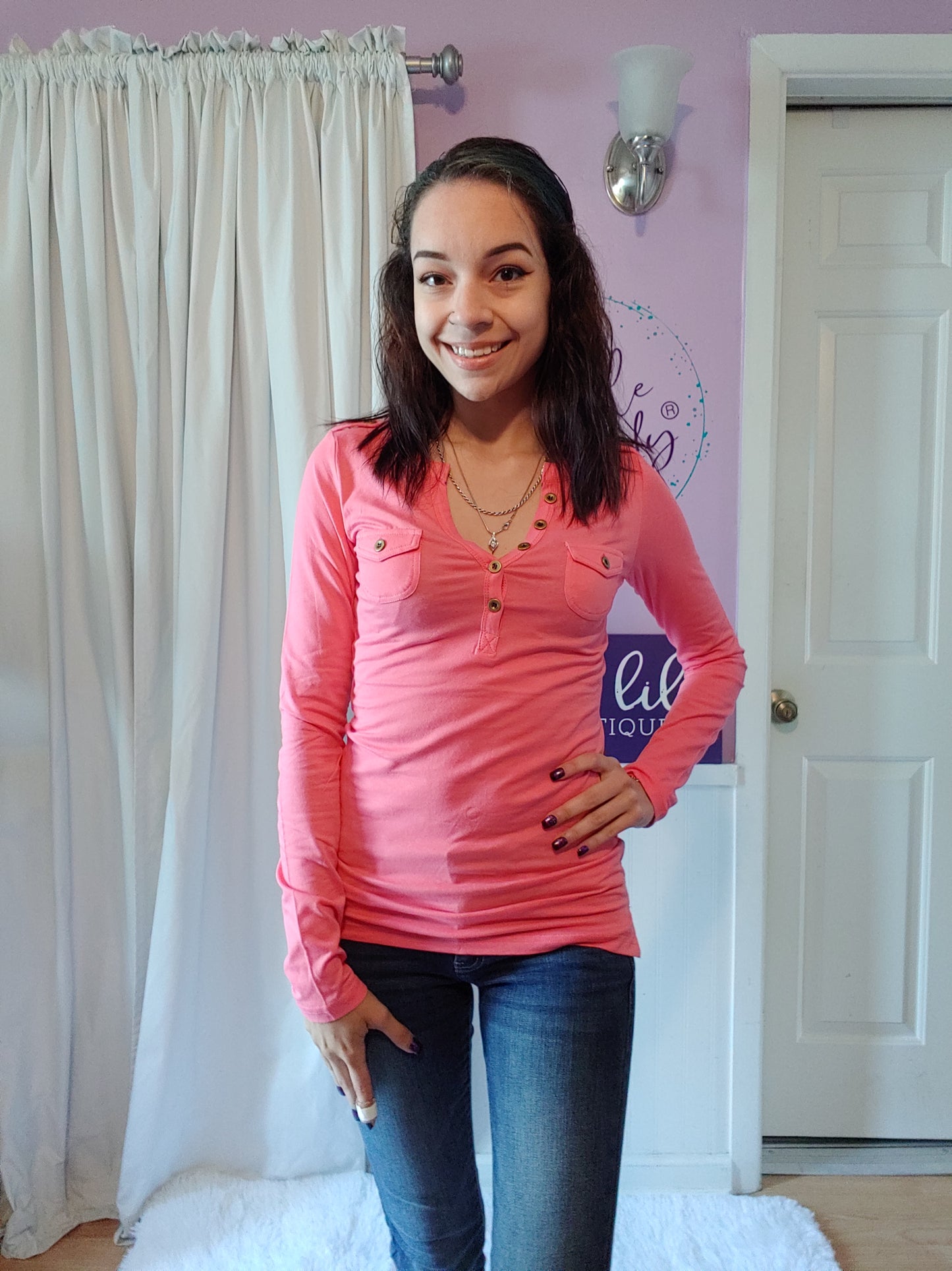 Coral Long Sleeve 2 Pocket Top