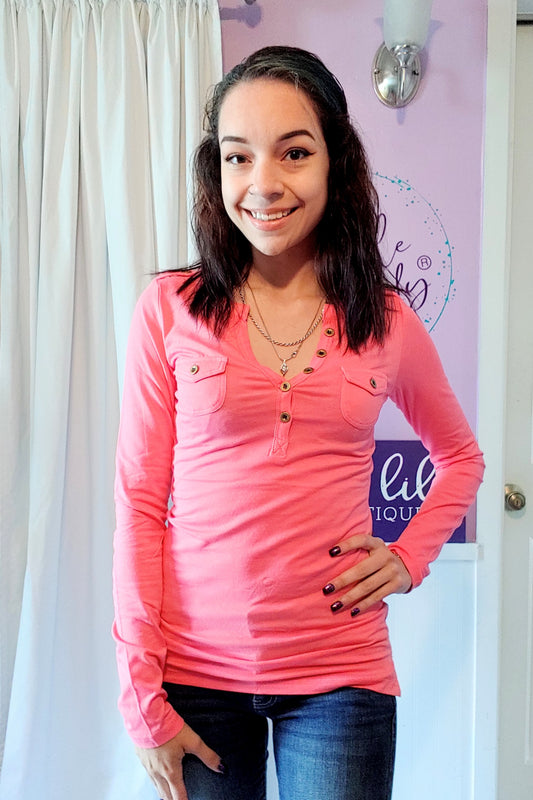 Coral Long Sleeve 2 Pocket Top