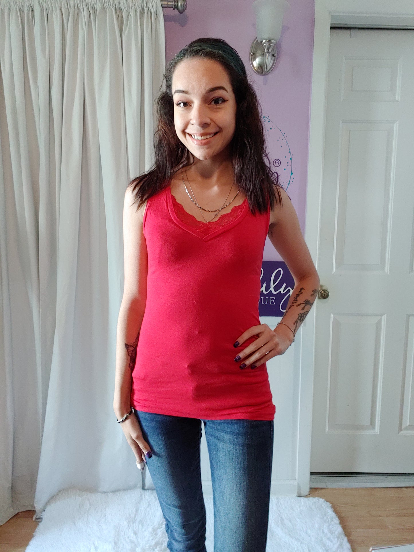 Lace Lined Neck Tank in Red