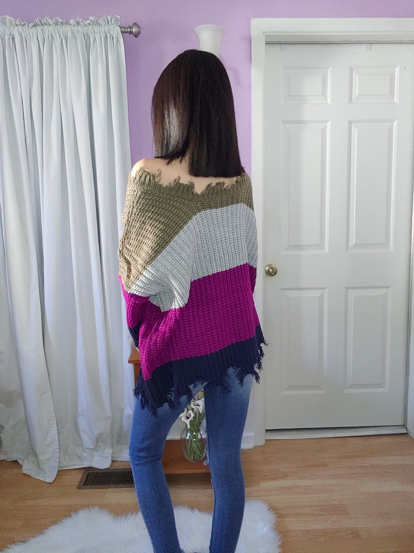 Distressed Colorblock Sweater in Purple
