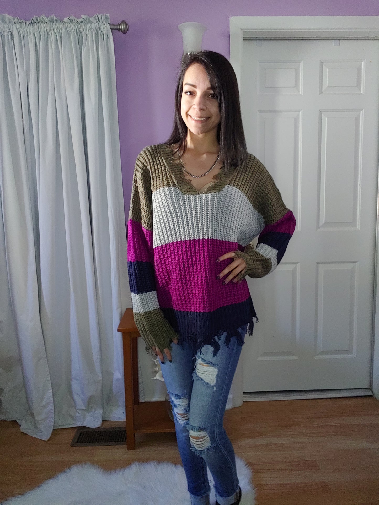 Distressed Colorblock Sweater in Purple