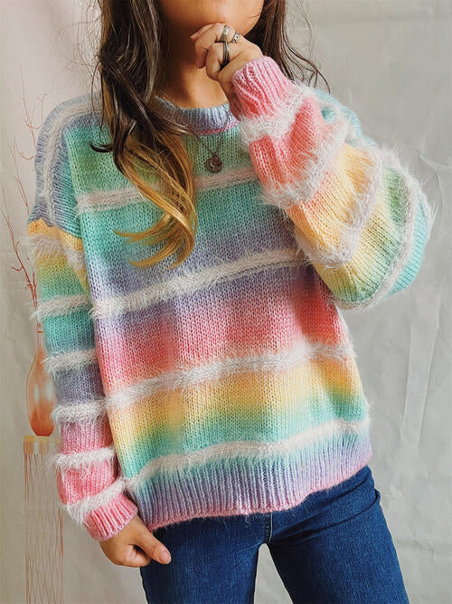 Striped Round Neck Long Sleeve Sweater 4 colors