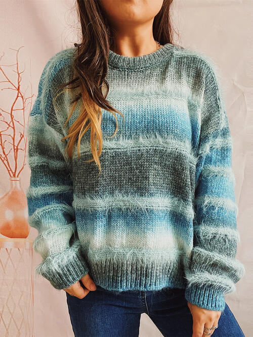 Striped Round Neck Long Sleeve Sweater 4 colors