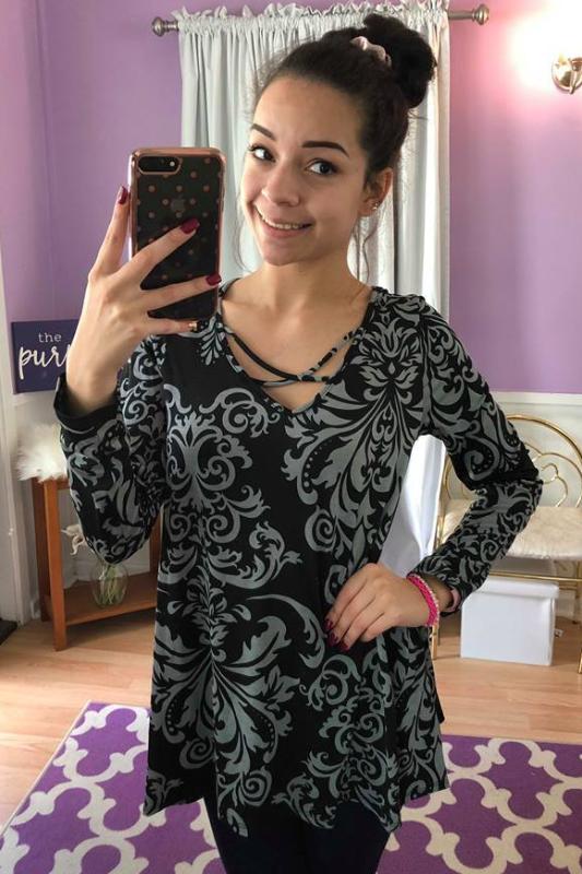Black Beauty Damask Cross Top