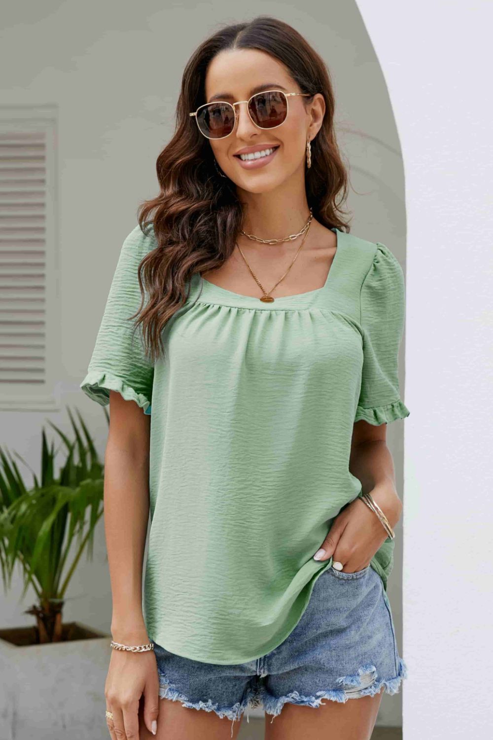 Women Fashion Frilled Neck Long Flounce Sleeve Blouse