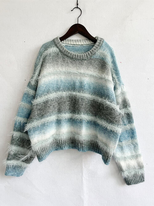 Striped Round Neck Long Sleeve Sweater 4 colors