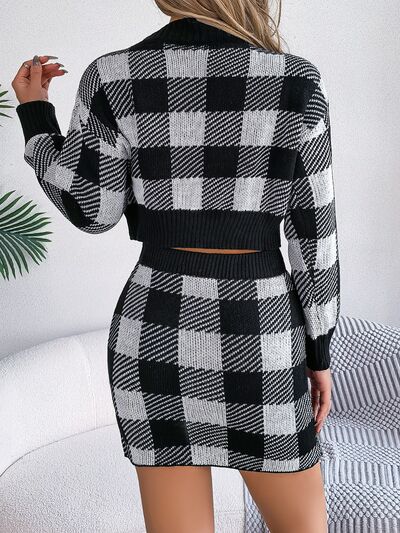 Plaid Round Neck Top and Skirt Sweater Set 4 colors