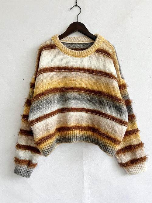 Striped Round Neck Long Sleeve Sweater 4 colors