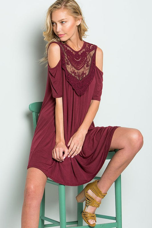 Burgundy Lace Cold Shoulder Dress