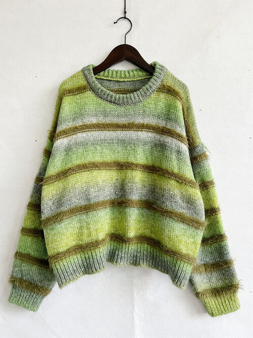 Striped Round Neck Long Sleeve Sweater 4 colors