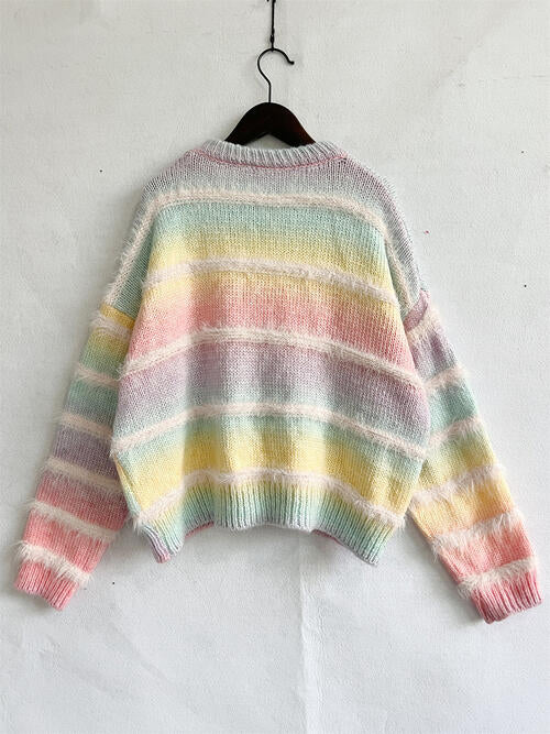 Striped Round Neck Long Sleeve Sweater 4 colors