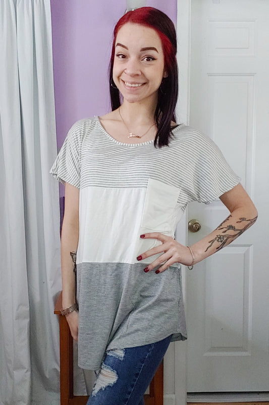 Grey Striped Colorblock Top