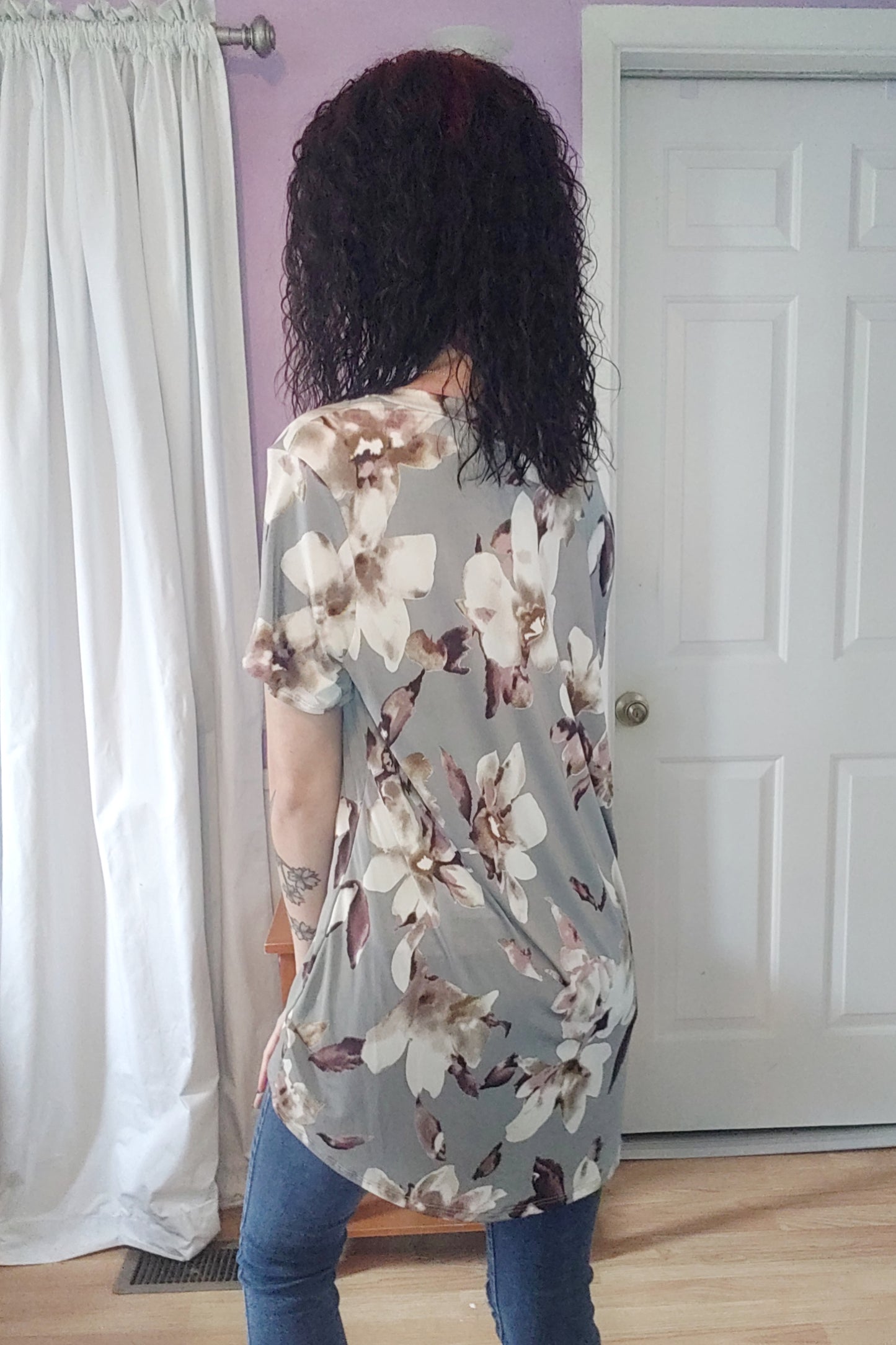 Silver Floral V-neck Top