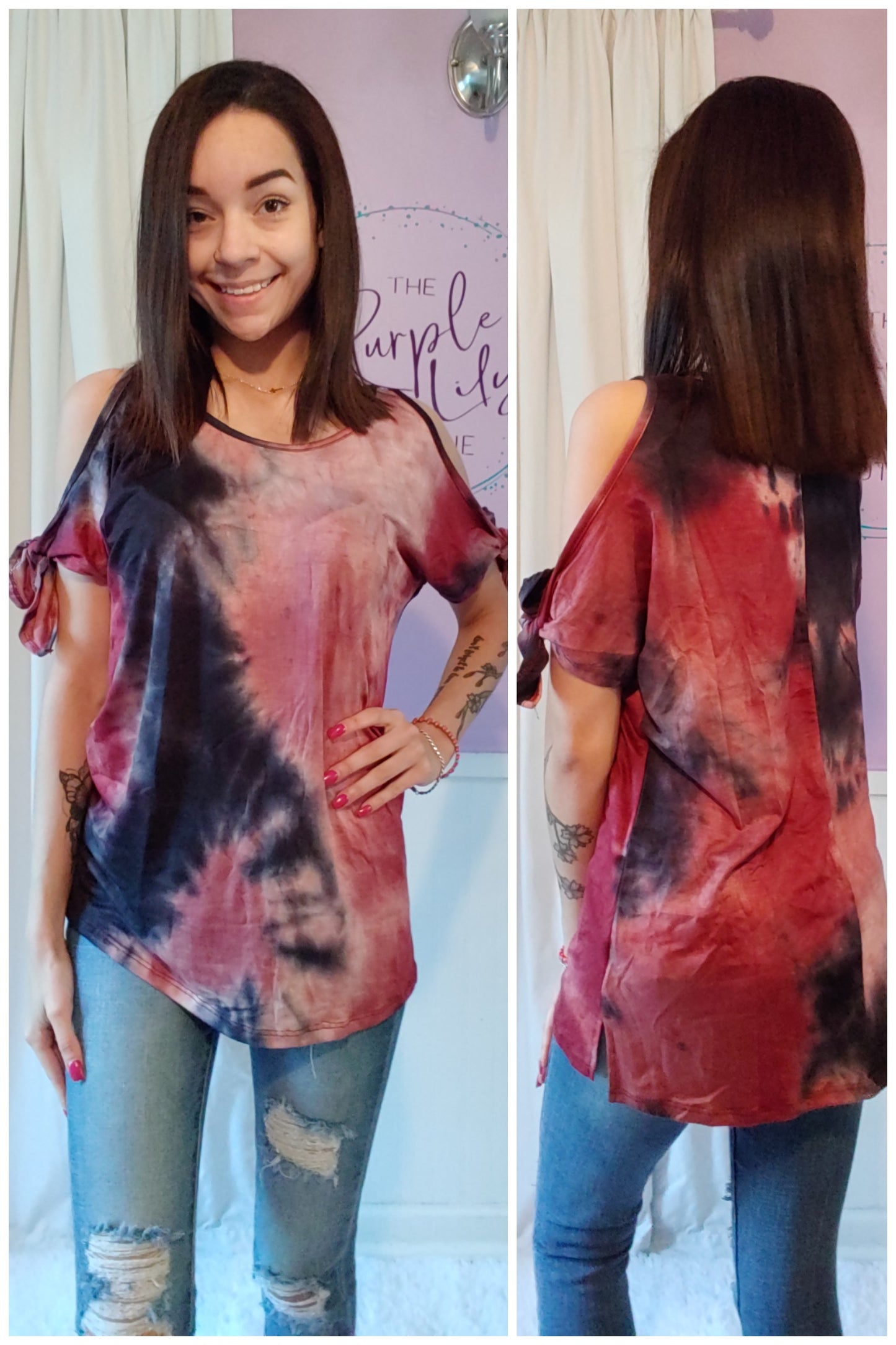 Burgundy Tie Dye Cold Shoulder Top (S-XL)