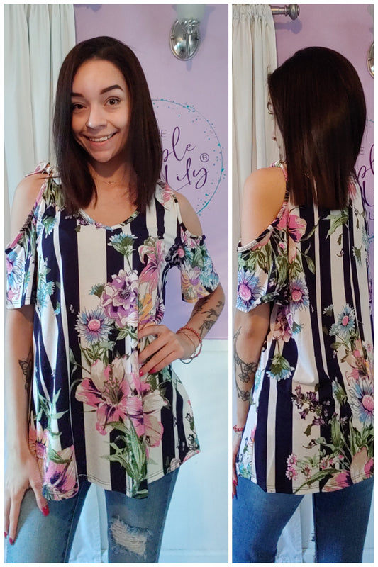 Navy Floral Cold Shoulder Top