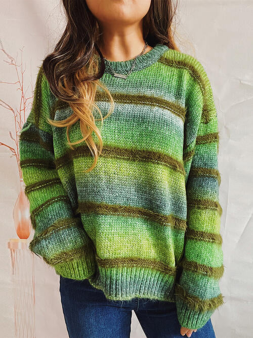 Striped Round Neck Long Sleeve Sweater 4 colors